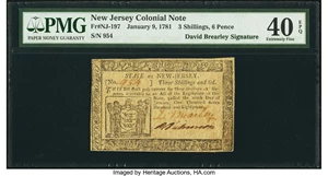 image for: David Brearley Signed New Jersey January 9, 1781 3s 6d PMG Extremely Fine 40 EPQ....
