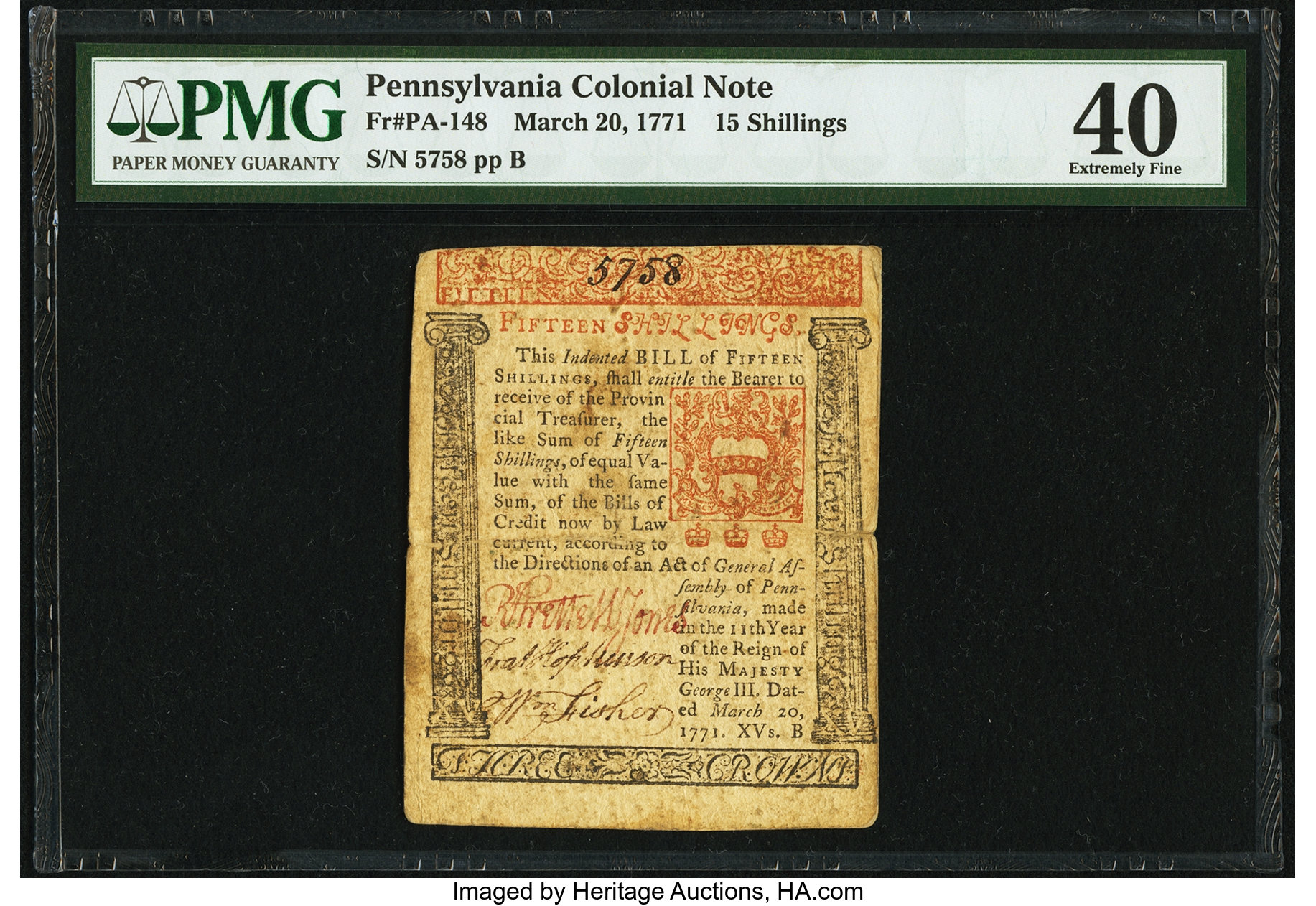 Mar 20, 1771 15s Pennsylvania (Fr. PA148)