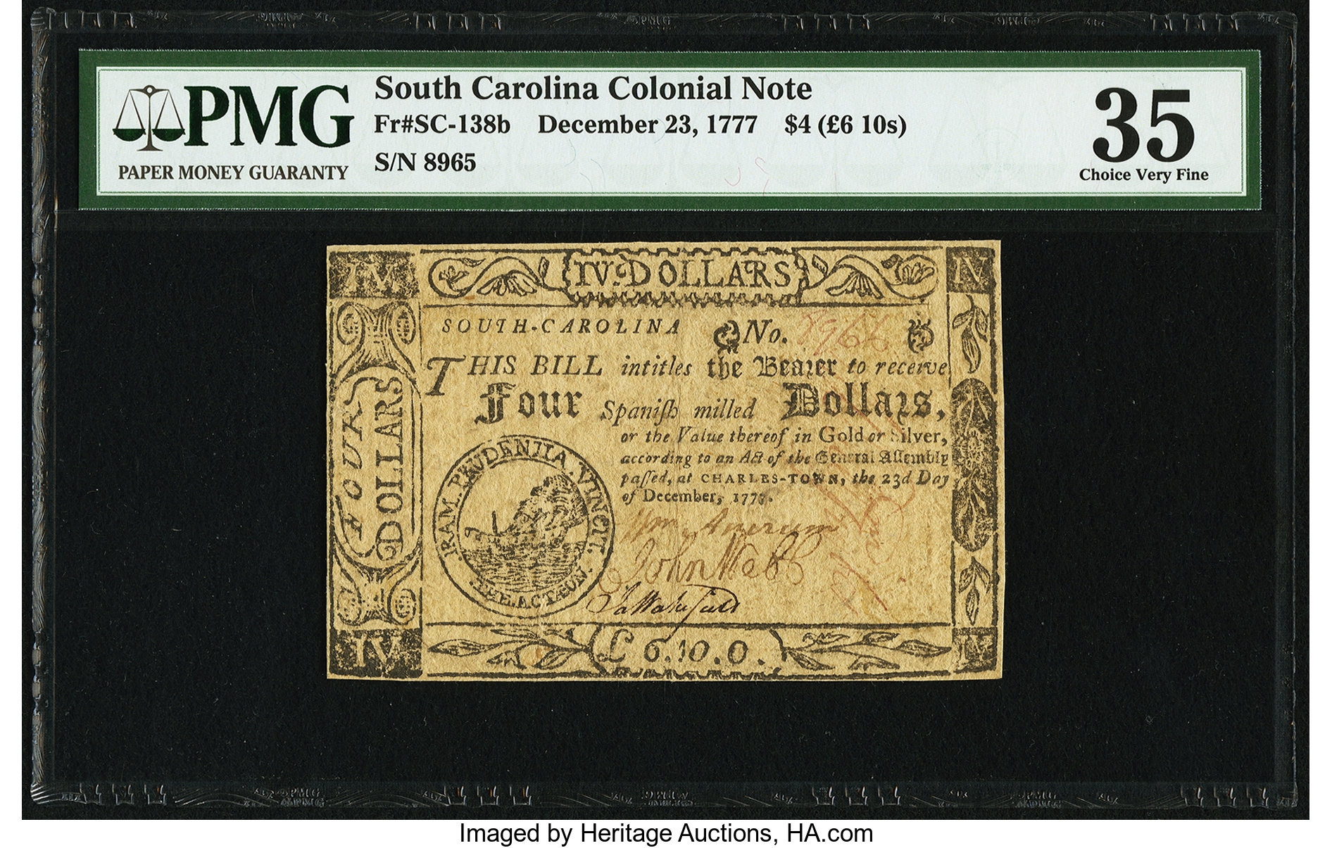 image for: Fully Signed South Carolina December 23, 1777 (erroneously dated) $4 PMG Choice Very Fine 35....
