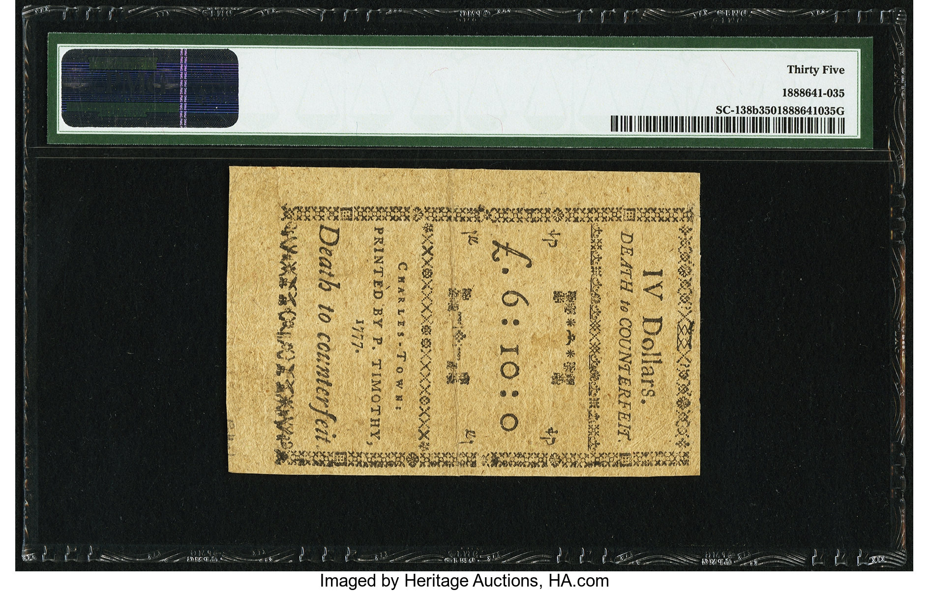 image for: Fully Signed South Carolina December 23, 1777 (erroneously dated) $4 PMG Choice Very Fine 35....