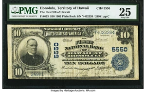 image for: Honolulu, HI - $10 1902 Plain Back Fr. 633 The First National Bank of Hawaii Ch. # 5550 PMG Very Fine 25....