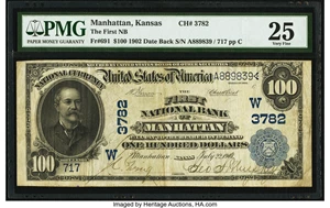 image for: Manhattan, KS - $100 1902 Date Back Fr. 691 The First National Bank Ch. # (W)3782 PMG Very Fine 25....