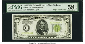 image for: Fr. 1952-H $5 1928B Light Green Seal Federal Reserve Note. PMG Choice About Unc 58 EPQ....