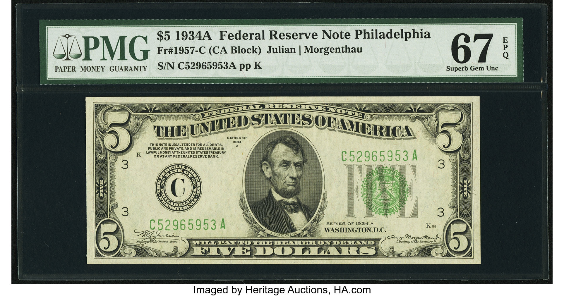 image for: Fr. 1957-C $5 1934A Federal Reserve Note. PMG Superb Gem Unc 67 EPQ....