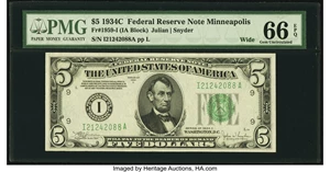 image for: Fr. 1959-I $5 1934C Wide Federal Reserve Note. PMG Gem Uncirculated 66 EPQ....