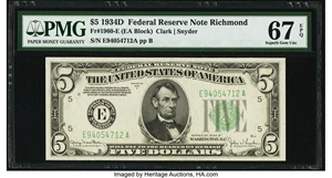 image for: Fr. 1960-E $5 1934D Federal Reserve Note. PMG Superb Gem Unc 67 EPQ....
