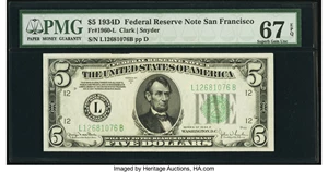 image for: Fr. 1960-L $5 1934D Federal Reserve Note. PMG Superb Gem Unc 67 EPQ....