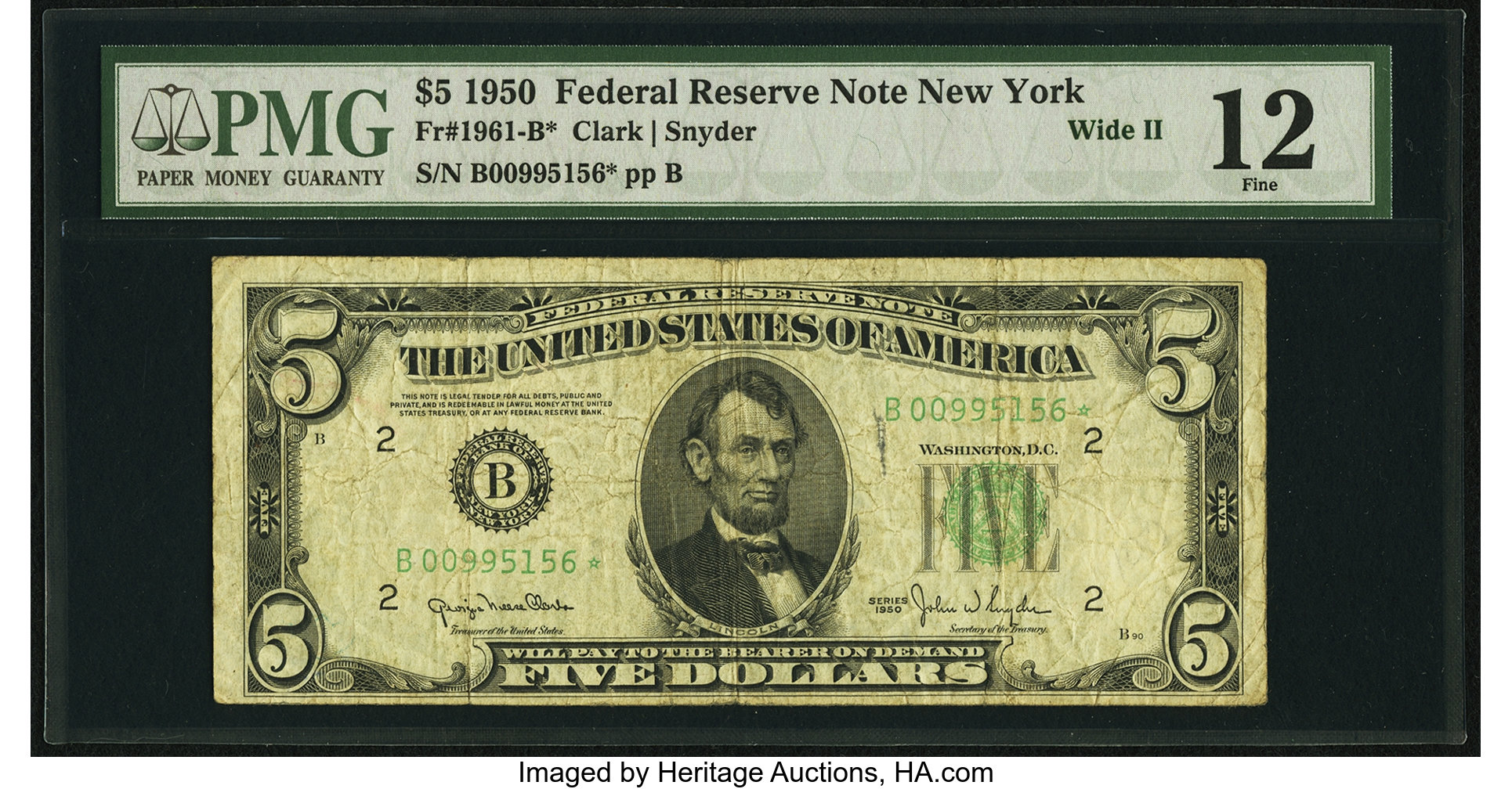 image for: Fr. 1961-B* $5 1950 Wide II Federal Reserve Note. PMG Fine 12....