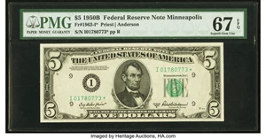 image for: Fr. 1963-I* $5 1950B Federal Reserve Note. PMG Superb Gem Unc 67 EPQ....
