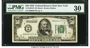 image for: Low Serial Number 1879 Fr. 2100-B* $50 1928 Federal Reserve Note. PMG Very Fine 30....