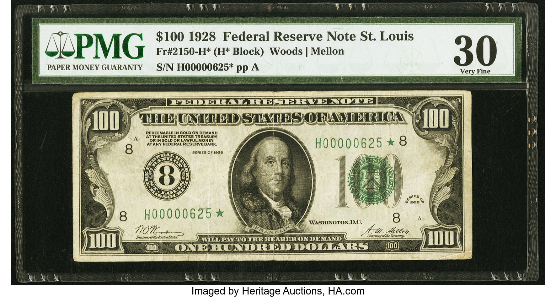 image for: Low Serial Number 625 Fr. 2150-H* $100 1928 Federal Reserve Note. PMG Very Fine 30....