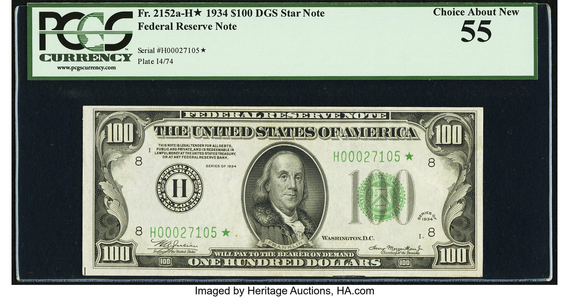 image for: Fr. 2152-H* $100 1934 Federal Reserve Note. PCGS Choice About New 55....