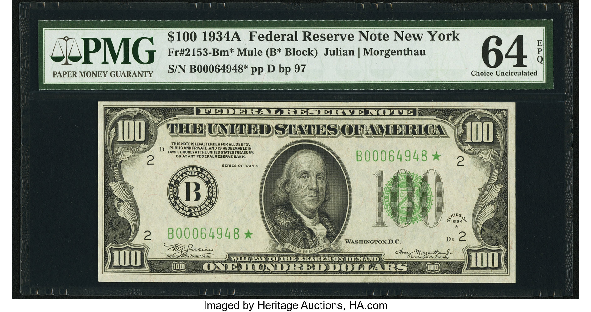 image for: Fr. 2153-B* $100 1934A Mule Federal Reserve Note. PMG Choice Uncirculated 64 EPQ....