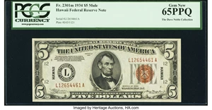 image for: Fr. 2301 $5 1934 Hawaii Federal Reserve Note. PCGS Gem New 65PPQ....