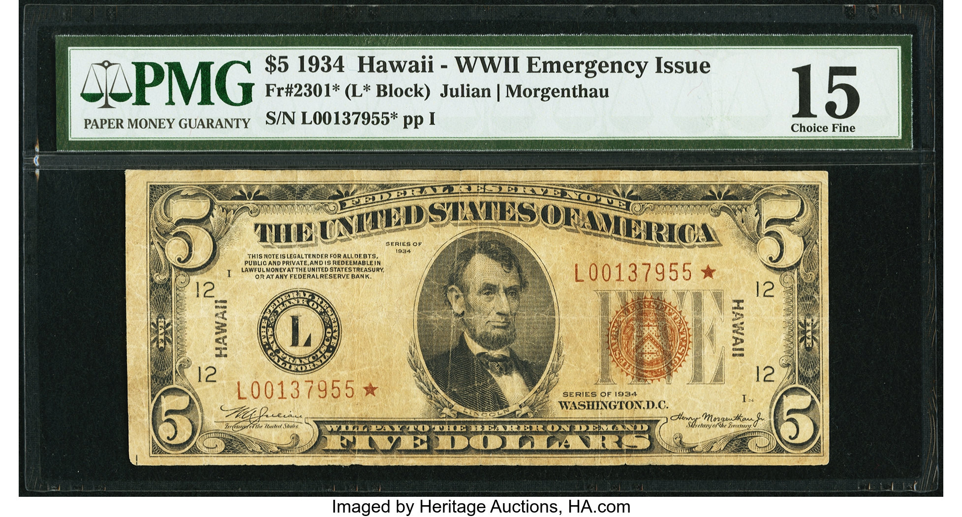 image for: Fr. 2301* $5 1934 Hawaii Federal Reserve Note. PMG Choice Fine 15....