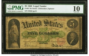 image for: Fr. 61 $5 1862 Legal Tender PMG Very Good 10....