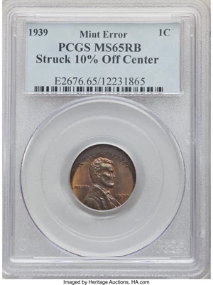 image for: 1939 1C Lincoln Cent -- Struck 10% Off Center -- MS65 Red and Brown PCGS....