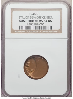 image for: 1946-S 1C Lincoln Cent -- Struck 55% Off Center -- MS64 Brown NGC....