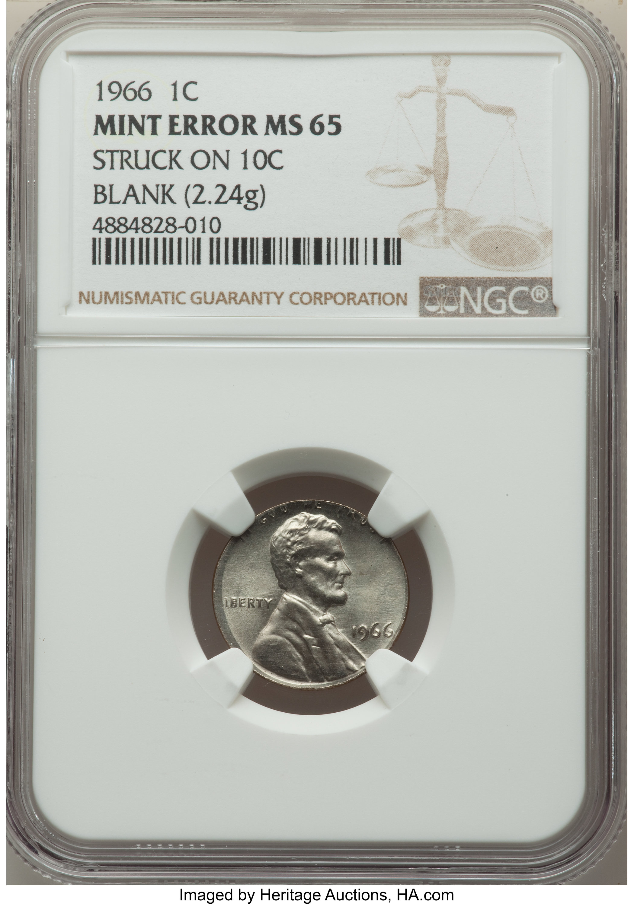 1966 1C Lincoln Cent -- Struck on 10C Blank -- MS65 NGC. 2.24 grams....