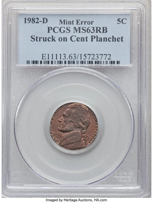 image for: 1982-D 5C Jefferson Nickel -- Struck on Cent Planchet -- MS63 Red and Brown PCGS....