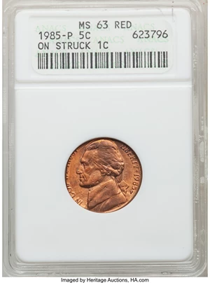 image for: 1985-P 5C Jefferson Nickel -- Struck on 1C -- MS63 Red ANACS....
