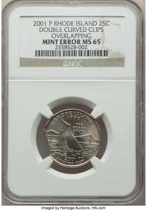 image for: 2001-P 25C Rhode Island Statehood Quarter -- Doubled Curved Clips Overlapping -- MS65 NGC....