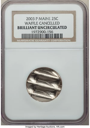image for: 2003-P 25C Maine Statehood Quarter -- Waffle Cancelled -- Brilliant Uncirculated NGC....