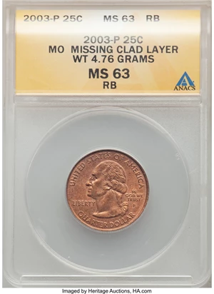image for: 2003-P 25C Missouri Statehood Quarter -- Missing Clad Layer on Obverse -- MS63 Red and Brown ANACS. 4.76 Grams....