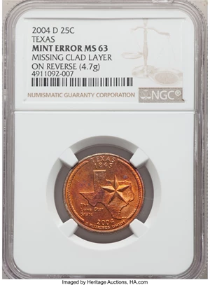 image for: 2004-D 25C Texas Statehood Quarter -- Missing Clad Layer on Reverse -- MS63 NGC. 4.7 Grams....