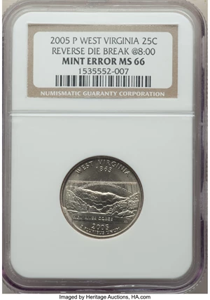 image for: 2005-P 25C West Virginia Statehood Quarter -- Reverse Die Break at 8 O'Clock -- MS66 NGC....