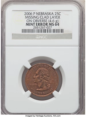 image for: 2006-P 25C Nebraska Statehood Quarter -- Missing Clad Layer on Obverse -- MS64 NGC. 4.6 Grams....