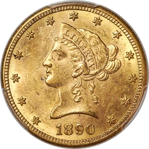 image for: 1890-CC $10 MS61 PCGS. Variety 1-A. This Carson City issue is scarce in Mint State, coming from a limited mintage of 17...