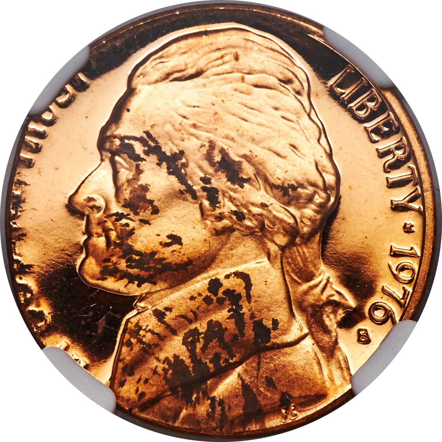 image for: 1976-S 5C Jefferson Nickel -- Struck on 1C Planchet -- PR63 Red Ultra Cameo NGC. Beautifully mirrored fields display a fire...