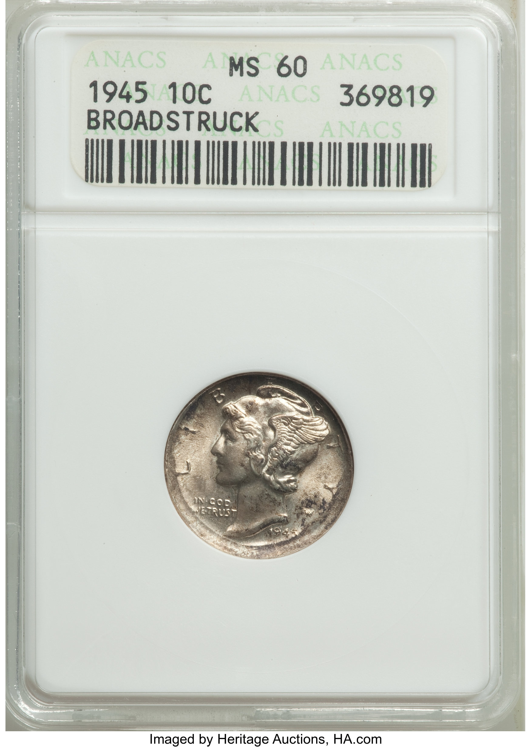 1945 10C Mercury Dime -- Broadstruck -- MS60 ANACS. ...