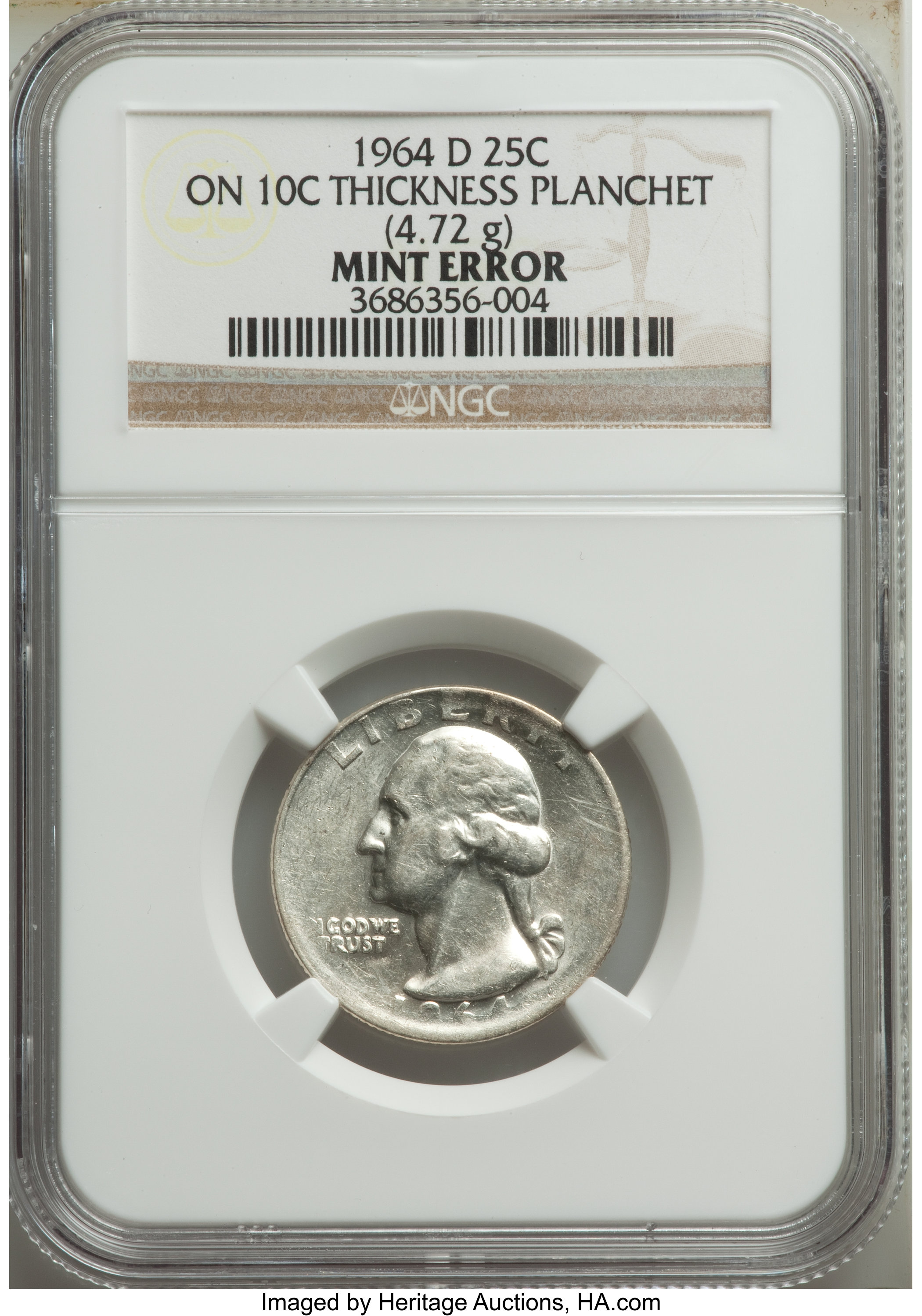 1964-D 25C Washington Quarter -- Struck on 10C Thickness Planchet -- NGC. 4.72 Grams....
