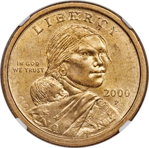 image for: 2000-P SAC$1 Sacagawea Dollar -- Double Struck, Flipover in Collar -- MS64 NGC. After the initial impression, the coin...