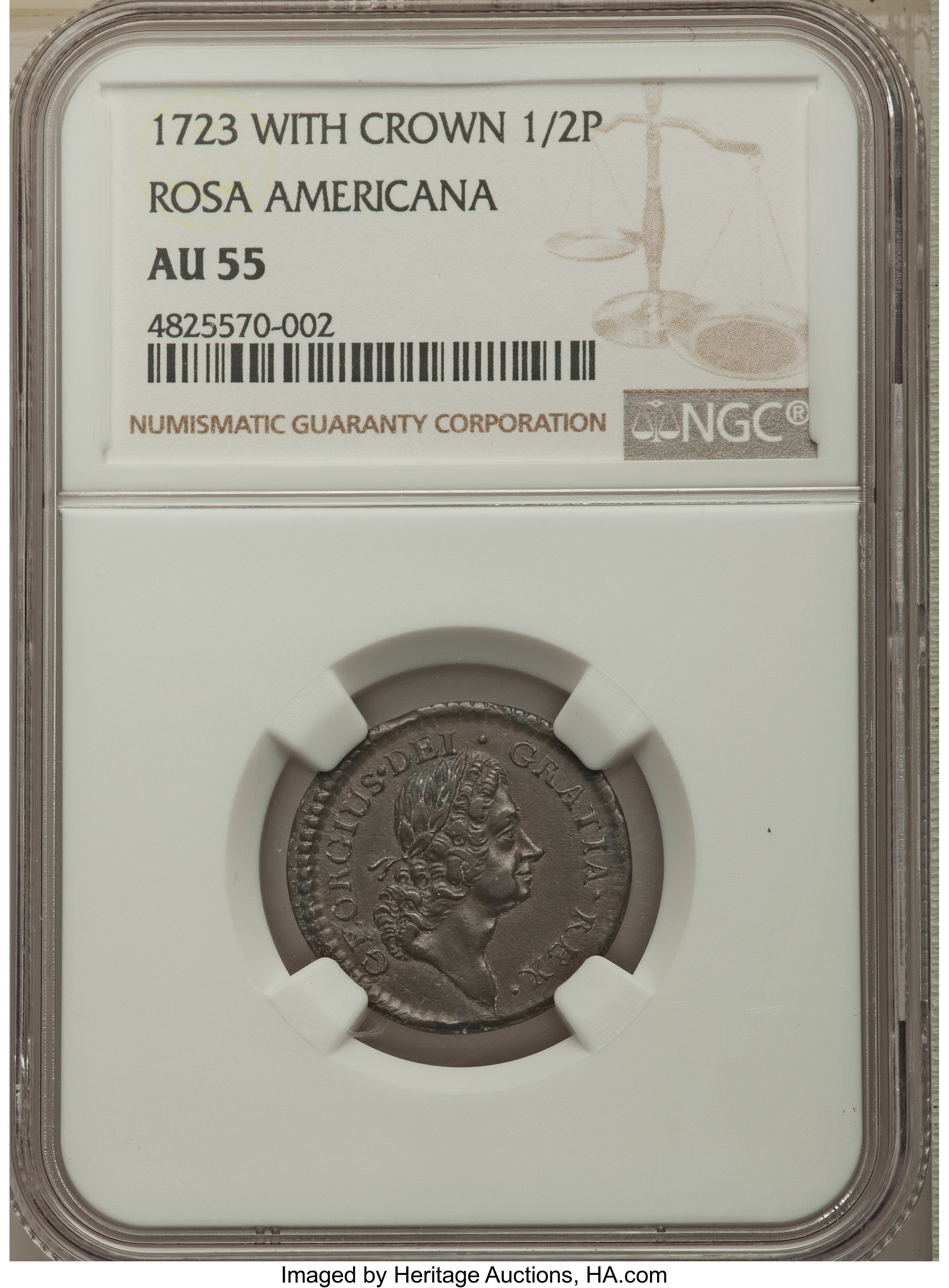 image for: 1723 1/2 P Rosa Americana Halfpenny, Crown AU55 NGC. NGC Census: (1/4). PCGS Population: (1/12).  ...