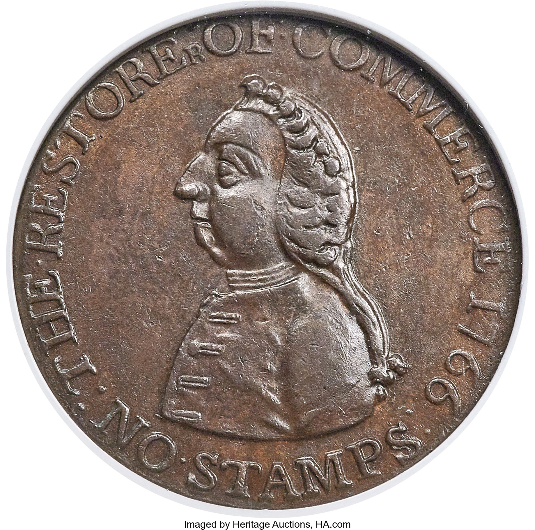 image for: 1766 1/2 P Pitt Halfpenny MS61 Brown NGC. NGC Census: (2/4). PCGS Population: (0/9).  ...