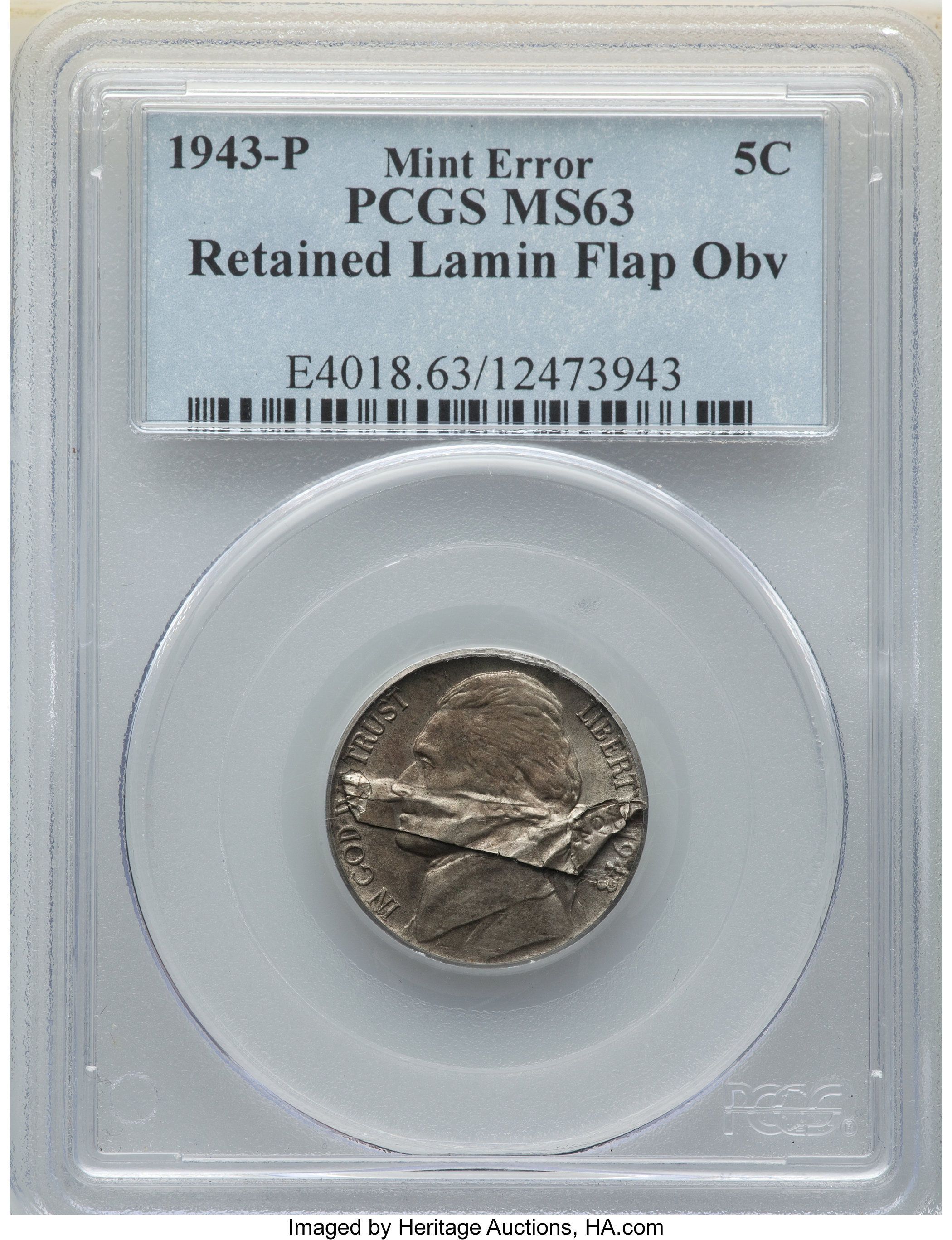 1943-P 5C Jefferson Nickel -- Obverse Retained Laminated Flap -- MS63 PCGS. ...