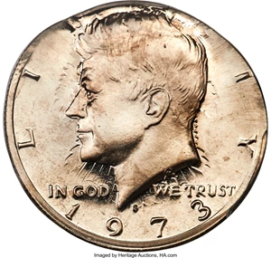 image for: 1973-S 50C Kennedy Half Dollar, Strong Clashed Dies -- Struck on El Salvador 10C Planchet -- PR66 PCGS....