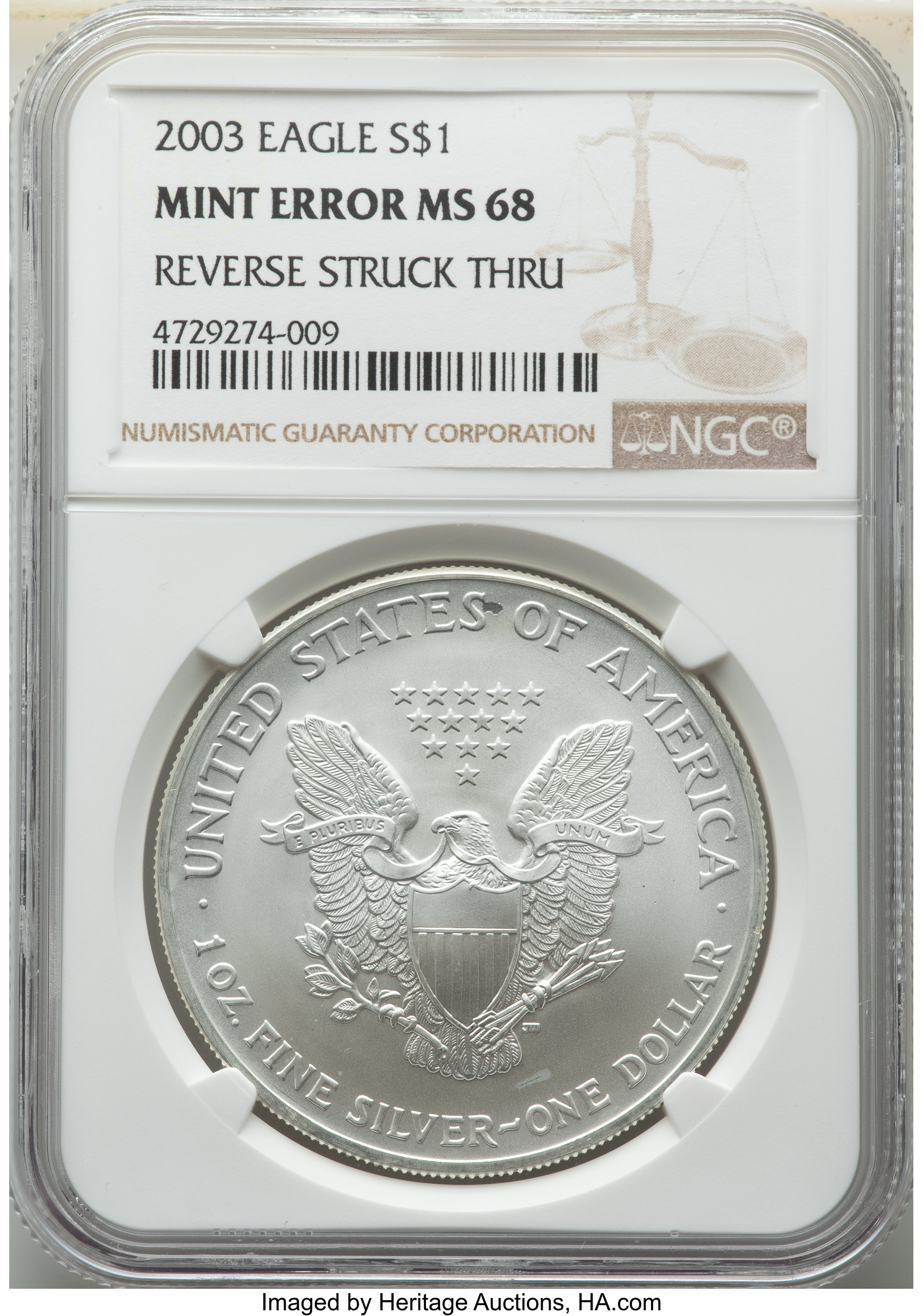 2003 $1 Silver Eagle -- Reverse Struck Thru -- MS68 NGC. ...
