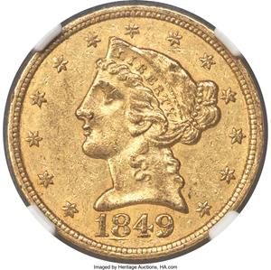 image for: 1849-C $5 AU55 NGC. CAC. Variety 1. Ex: Rive d'Or Collection. Doug Winter considers the 1849-C to be among the more plentif...