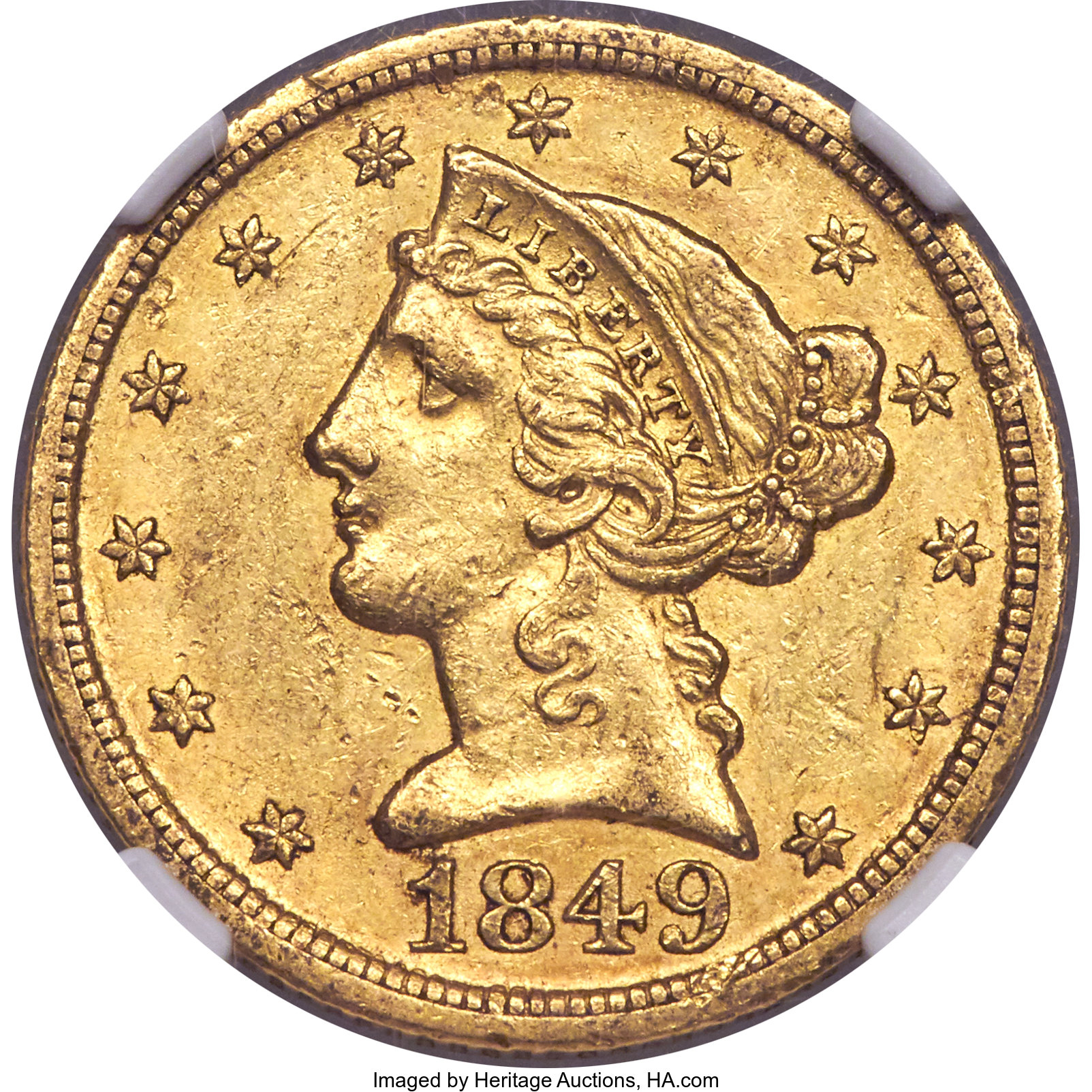 image for: 1849-D $5 AU55 NGC. Variety 25-T. Ex: Rive d'Or Collection. This is a rare variety of the 1849-D half eagle, with the mintm...