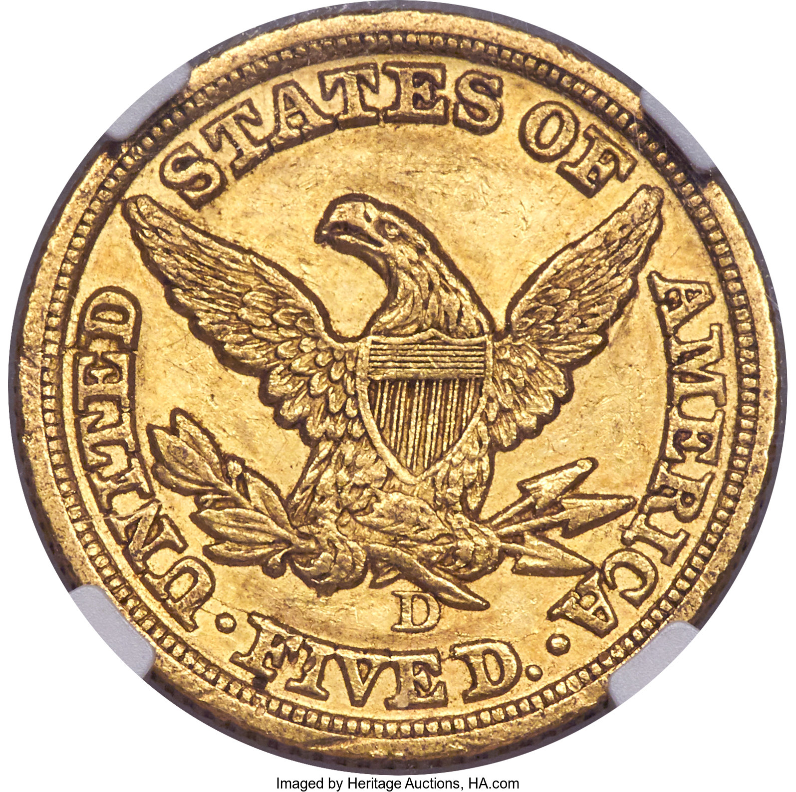 image for: 1849-D $5 AU55 NGC. Variety 25-T. Ex: Rive d'Or Collection. This is a rare variety of the 1849-D half eagle, with the mintm...