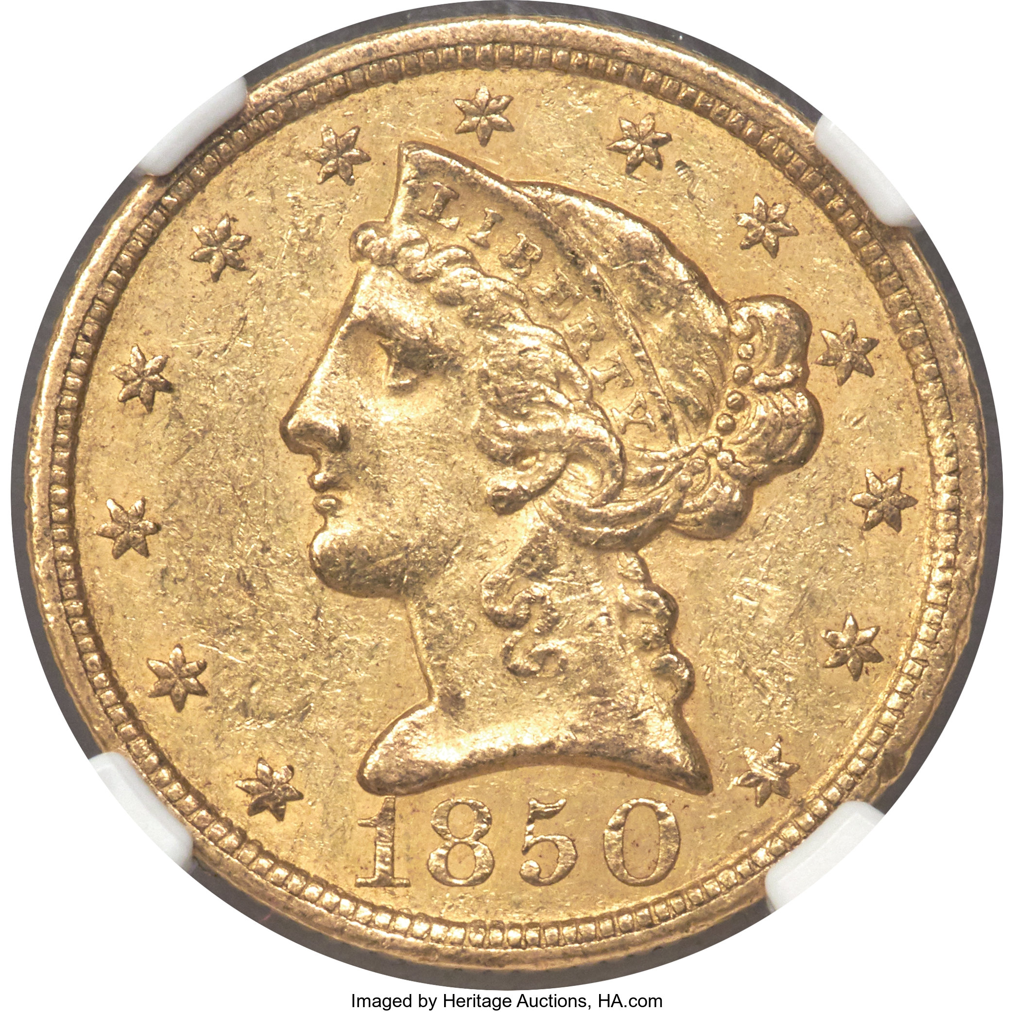 image for: 1850-C $5 AU55+ NGC. CAC. Variety 1. Ex: Rive d'Or Collection. The 1850-C is moderately plentiful in the context of Charlot...