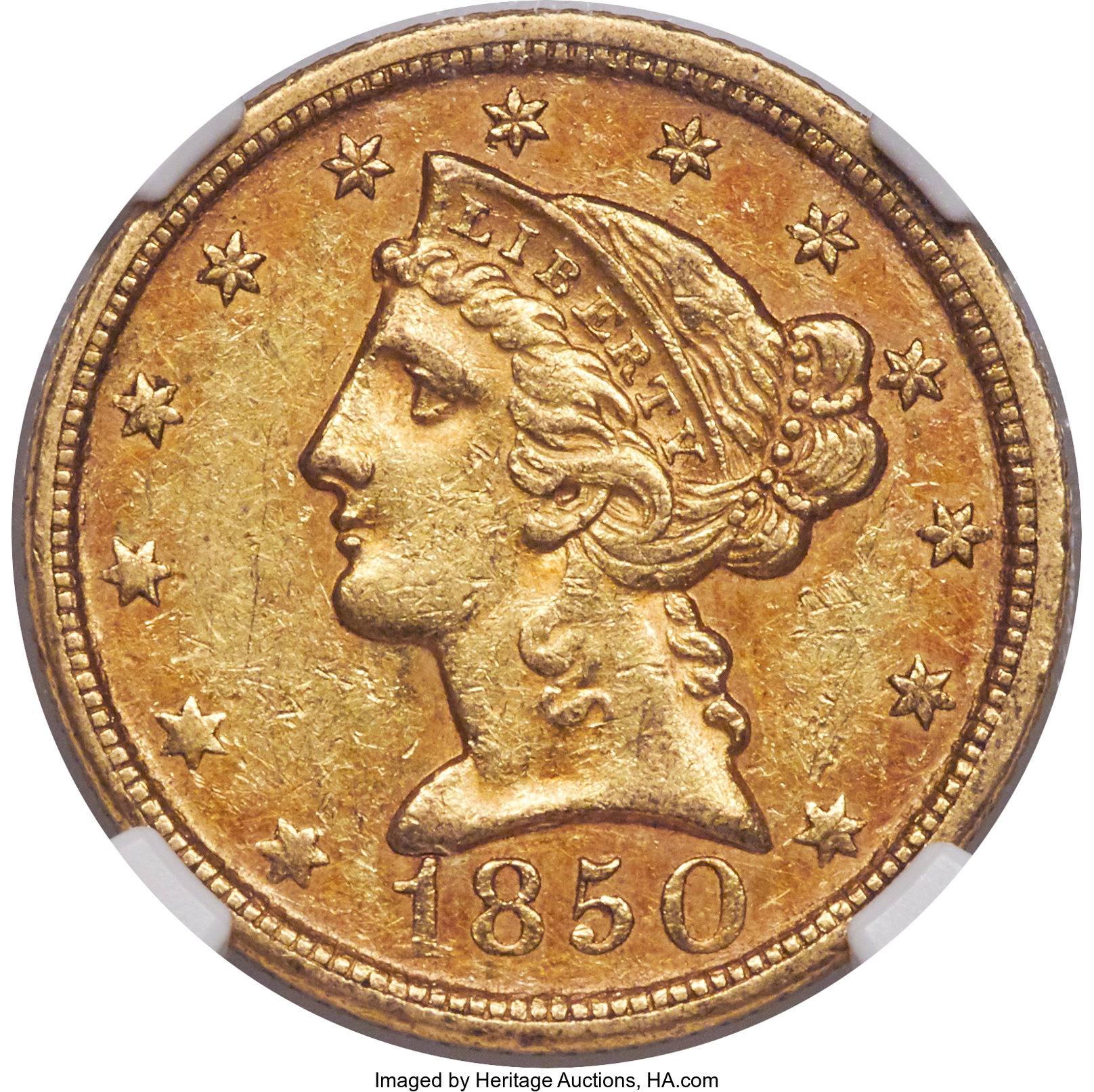 image for: 1850-D $5 AU53 NGC. Variety 28-U. Ex: Rive d'Or Collection. The 1850-D is an elusive Dahlonega issue, with an estimated sur...