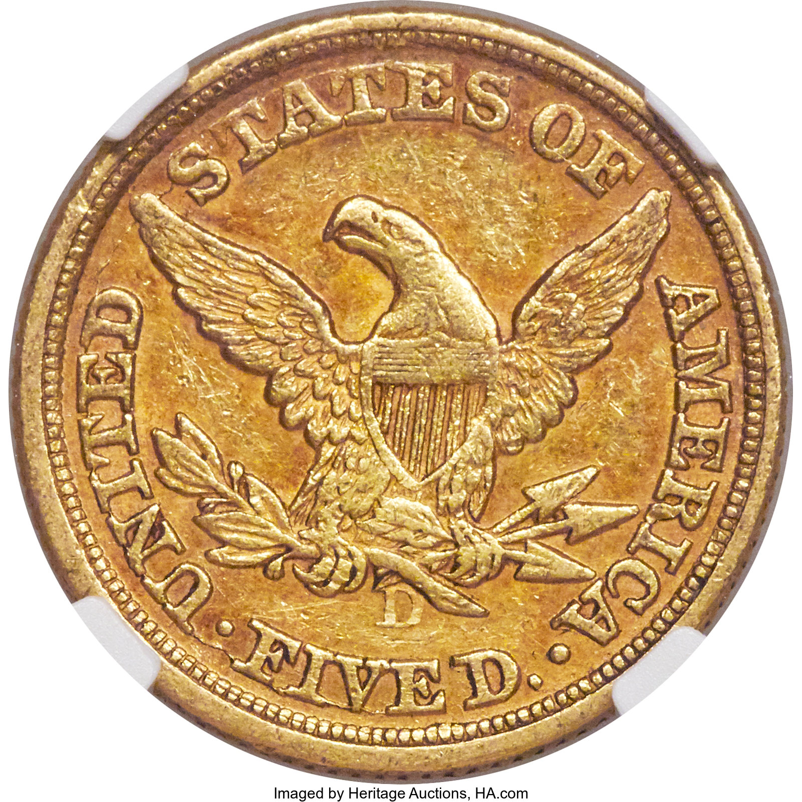 image for: 1850-D $5 AU53 NGC. Variety 28-U. Ex: Rive d'Or Collection. The 1850-D is an elusive Dahlonega issue, with an estimated sur...