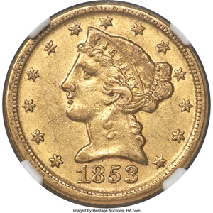image for: 1853-D $5 AU55 NGC. CAC. Variety 35-AA. Ex: Rive d'Or Collection. The 1853-D continues to be one of the most plentiful half...