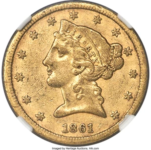 image for: 1861-S $5 XF45 NGC. CAC. Ex: Rive d'Or Collection. Fewer than 100 1861-S half eagles are believed to survive from the minta...