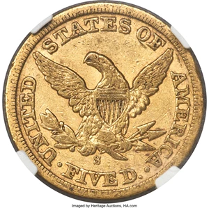 image for: 1861-S $5 XF45 NGC. CAC. Ex: Rive d'Or Collection. Fewer than 100 1861-S half eagles are believed to survive from the minta...